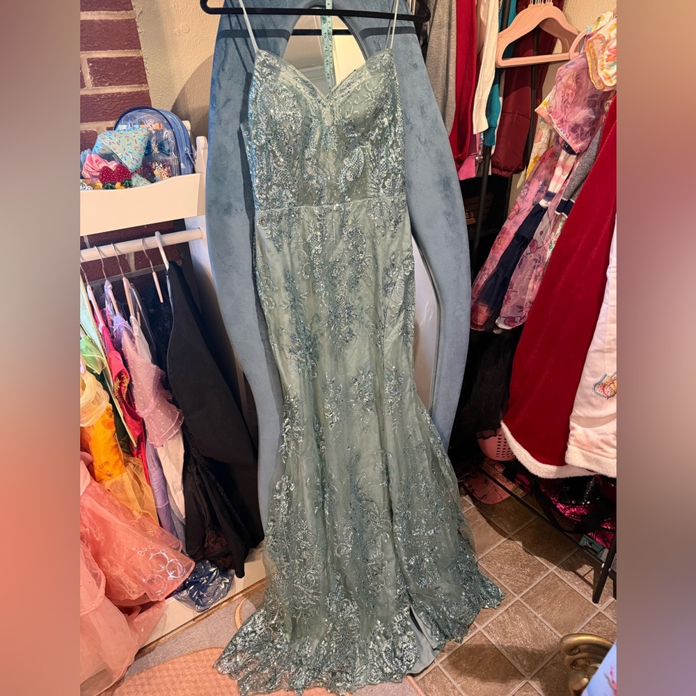 Elegant Sage Green/ Light Blue Lace Evening Gown